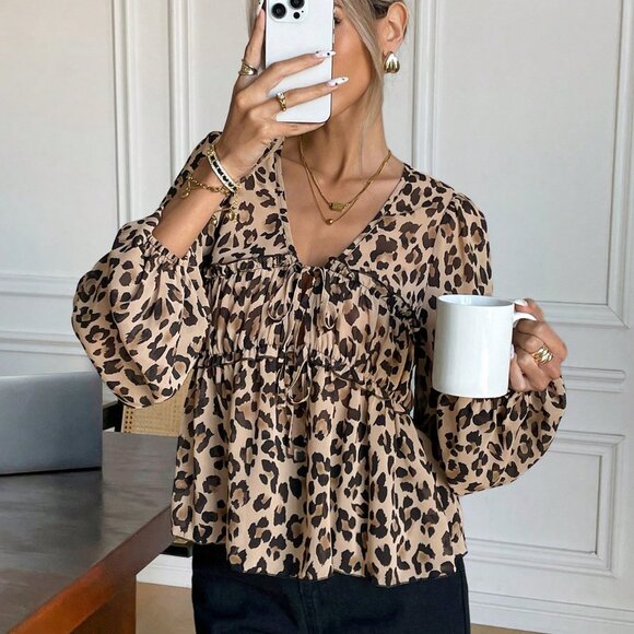 Multicolor Casual Women's Front Tie Long Sleeve Leopard Print Shirt - Picture 1 of 7
